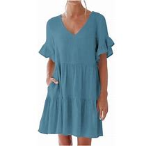 Uppada Ruffle Dress For Womens Summer Solid Color Midi Dress With Pockets Short Sleeve Sun Dresses V Neck Mini Dresses