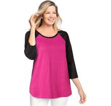 Plus Size Women's Three-Quarter Sleeve Baseball Tee By Woman Within In Raspberry Black (Size 2X) Shirt