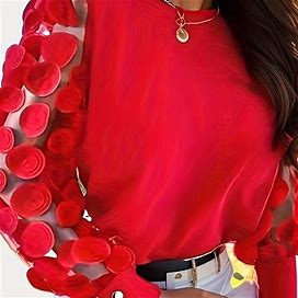 Solid Color Crew Neck Long Blouse, Women's Applique Neck Blouse Elegant Long Spring Fall Women's Clothing Sleeve Blouse,Red,Must-Have,Temu