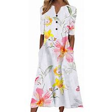 Summer Dresses 2023 Maxi Button Up Short Sleeve Floral Print Dress Party Flowy Midi Dress Pink XXL