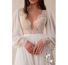 Long Sleeve Classic Wedding Dress, Chiffon And Lace Boho Wedding Dress, Deep V Wedding Dress, Open Back, Plunging Neckline Wedding Dress