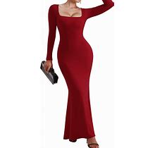 RXRXCOCO Women's Square Neck Long Sleeve Maxi Dress Ribbed Bodycon Dresses For Women Casual Dress
