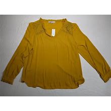 LOFT Blouse Women's Size M Yellow Ruffle & Lace V-Neck Long Sleeve Round Hem NWT
