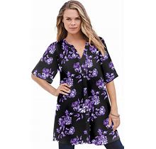 Plus Size Women's Short-Sleeve Angelina Tunic By Roaman's In Black Purple Floral (Size 20 W) Long Button Front Shirt