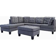 Modern Tufted Micro Suede L Shaped Sectional Sofa Couch With Reversible Chaise & Ottoman, Large, Dark Grey