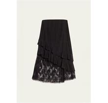 Jason Wu Embroidered Lace-Hem Ruffle Midi Skirt, Black, Women's, 2, Skirts Midi Skirts