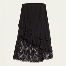 Jason Wu Embroidered Lace-Hem Ruffle Midi Skirt, Black, Women's, 8, Skirts Midi Skirts