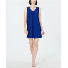 Msk Womens Blue Stretch Embellished Slit-Back Cape Sleeveless V Neck Short Cocktail Shift Dress Petites PS