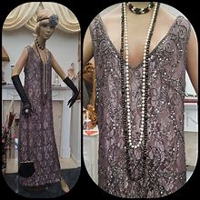 Beaded Evening Dress Art Deco Lace Dress 30'S Downton Abbey Gown Purple-Brown Lace Maxi Dress Size 18UK/14US