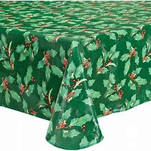 Holly Holiday Vinyl Table Cover By Chefs Pride - Green - 60" X 90" Oblong - Vinyl