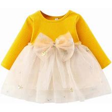 Bullpiano Baby Girls Fashion Big Bow Dress Solid Color Big Bow Long Sleeve Kids Clothing Kids Mesh Dresses For Girls Clothes