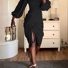 Plus Size Solid Color Crew Neck Drawstring Ruched Dress, Women's Knit Solid Drawstring Casual Lantern Sleeve Ruched Dress,Black,Trending,Temu