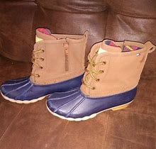 Tommy Hilfiger Women's Blue Tan Duck Boots Size 4 Cognac4 77806
