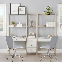 Highland Double Wall Desk & Narrow Bookshelf Set, Simply White/Weathered White