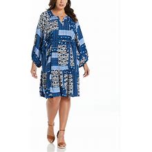 Ella Rafaella Plus Size Paisley Print Flounce Long Sleeve Dress With Self Fabric Tie - Princess Blue - Size 1X
