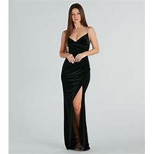 Windsor Elara Formal Velvet Rhinestone Strap Long Dress In Black | Size: Medium | Rhinestone/Velvet Fabric