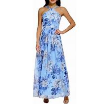 Vince Camuto Womens Dress Size 14 Blue Floral Chiffon Halter Gown New