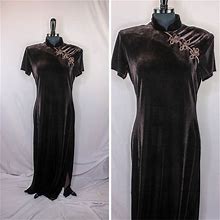 Vintage 90S Jessica Howard Velvet Maxi Dress Dark Chocolate Brown Short Sleeve Band Collar Size 14 Retro 1980S 1990S