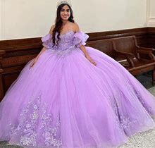 Lilac Quinceanera Dresses Short Puff Sleeves Floral Lace Sweet 16 Pageant Dress