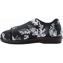 Propét Women's Cush 'N Foot Slipper, Black Floral, 10 2X-Wide