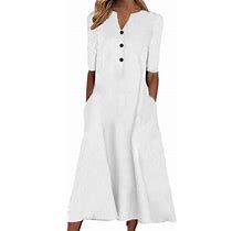 Summer Savings Clearance 2023! Loopsun Womens Summer Dresses, Casual V-Neck Short Sleeve Solid Fashion Button Vacation Midi Dress With Pockets White