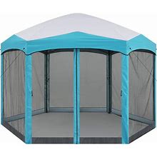 ABCCANOPY 12x12 ft Hexagon Outdoor Camping Gazebo Screen Shelter Instant Setup Canopy Shelter With Netting, White/Blue