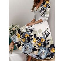 Women's Casual Dress Swing Dress Floral Print V Neck Midi Dress Date Vacation 3/4 Length Sleeve Spring