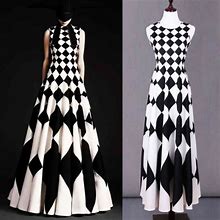 Custom Made To Order Long Printed Big Swing Dress Black White Plus