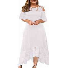 MOBCTG Plus Size Dresses For Women's Church, Fashion Lace Stitching Ruffle Short-Sleeved Strapless Sheath Dress, L-5XL