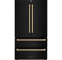 ZLINE Autograph Edition 36-Inch 22.5 Cu. Ft Freestanding French Door Refrigerator With Ice Maker In Black Stainless Steel With Champagne Bronze Trim (RFMZ-36-BS-CB)