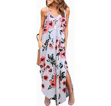 HUSKARY Women's Summer Casual Sleeveless V Neck Strappy Split Loose Dress Beach Cover Up Long Cami Maxi Dresses With Pocket