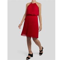 $79 Msk Petite Women's Red Pleated Gold Trimmed Halter A-Line Dress Us