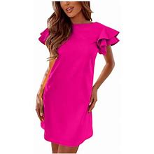 Summer Savings Clearance 2024! Tagold Womens Summer Dress, Fashion Women Sexy Casual Backless Round-Neck Solid Short Sleeve Mini Dress Hot Pink M