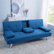 Naomi Home Blue Futon Sofa Bed, Linen Futon Couch With Armrest And 2 Cupholders, Pull Out Sofa Bed Couch With Metal Legs, Reclining Small Couch Bed,