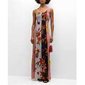 Fuzzi Colorblock Floral-Print Tulle Maxi Dress, Women's, S, Casual & Work Dresses Maxi Dresses