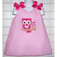 Pink Gingham Valentine Heart Owl Applique Monogram A-Line Dress