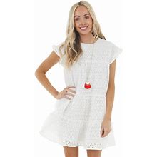 Hayden Women's Off White Eyelet Woven Short Dress With Ruffle Sleeves - Size M