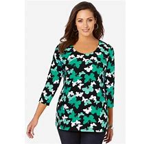 Plus Size Women's Stretch Cotton Scoop Neck Tee By Jessica London In Aqua Sea Layered Butterfly (Size 18/20) 3/4 Sleeve Shirt