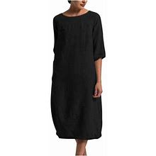 Ovbmpzd Women's Round Neck Loose Short Sleeve Maxi Dress Solid Cotton Linen Long Dress Black 4XL