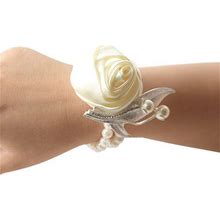 Jackcsale Fashion Wedding Bridesmaid Wrist Flower Corsage Party Hand Flower Decor With Faux Pearl Bead Wristband Ivory Pack Of 2