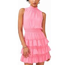 1.State Women's Smocked Sleeveless Mock Neck Tiered Mini Dress - Island Bloom - Size XS