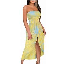 Fesfesfes Off Shoulder Dress For Women Spring Tube Top Strapless Long Dress Casual Tie Dye Print Front Split Beach Dress Pleated Cocktail Party Dress
