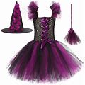 Riforla Toddler Kids Baby Girls Pageant Witch Party Tulle Dresses With Hat & Broom Fancy Dress Up Set Purple M