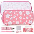 Tscope Cute Carrying Case For Nintendo Switch Lite, Pink Sakura Portable Hard Shell Girls Travel Storage Bag, With Glass Screen Protector & Thumb