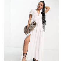 ASOS DESIGN Petite Flutter Sleeve Maxi Beach Dress With Channeled Tie Waist In White - White (Size: 0)