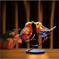 Stained Glass Birds On Branch Desktop Ornaments,Double Sided Multicolor Style Birds Colors Ornaments,D