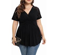 Daystry Plus Size Tunic Tops For Women Lace V-Neck Empire Waist Women Top Babydoll Blouse Black-1X