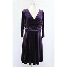 Tahari Asl Levine Purple Velvet V Neck Gathered Waist Dress Size 10