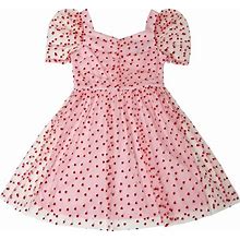 Trixxi Big Girls Short Sleeve Mesh Heart Flocked Dress - Pink Heart - Size 14