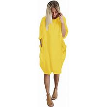 Haxmnou Womens Dresses Round Neck Loose Casual Dress Knee Length Dress With Pocket Casual Dresses For Women Yellow L